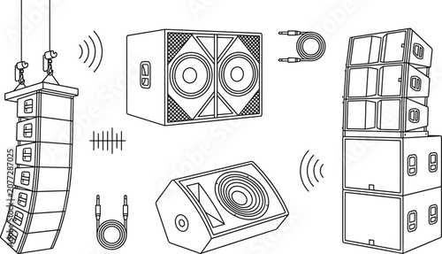 Fotografía Professional stage audio sound system line art icons set with line array speakers subwoofers and cables vector illustration
