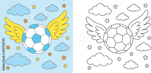 Flying soccer ball with wings coloring page for kids, cute football flying in sky with clouds and stars vector illustration coloring book sheet
