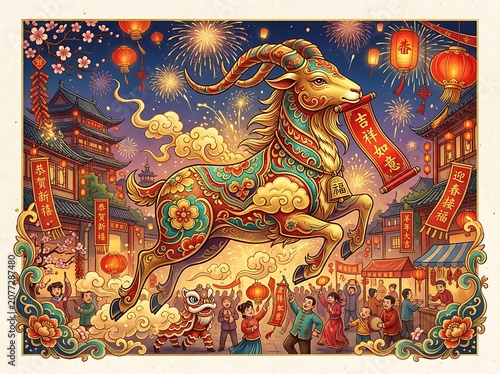 Artistic illustration of jumping goat with chinese traditional elements and festive decorations.