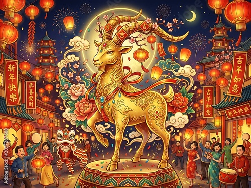 Golden goat statue surrounded by traditional lanterns and people celebrating chinese new year.