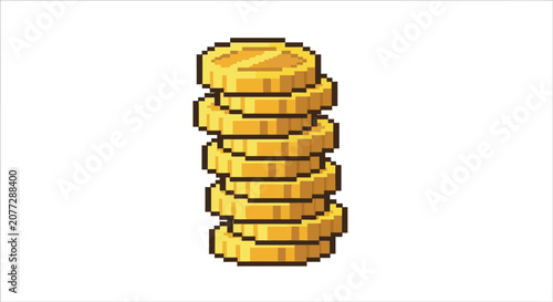A vertical stack of shiny gold coins in a retro pixel art style.
