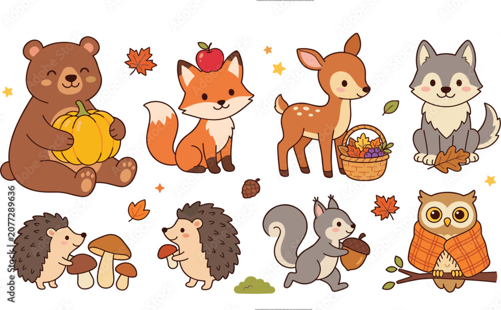 Obraz premium Cute Autumn Woodland Animals Vector Clipart Set with Kawaii Bear Holding Pumpkin Fox Deer Squirrel Owl and Thanksgiving Elements for Kids