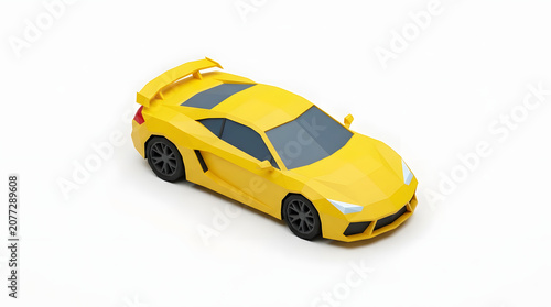 Yellow geometric luxury sports car low poly 3D render isolated on white background