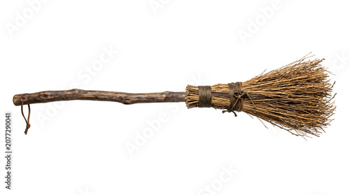 фотографія Authentic wooden witch broomstick for Halloween decoration