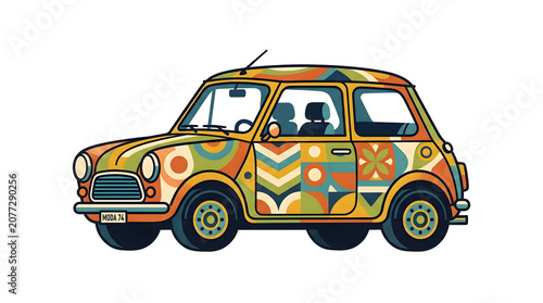 Retro Colorful Geometric Pattern Compact Car Illustration for Creative Transportation Design