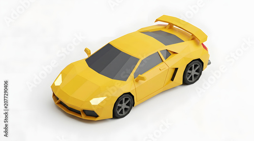 A vibrant yellow low-poly sports car design, showcasing a sleek, modern aesthetic with sharp angles and a dynamic silhouette on a clean white background