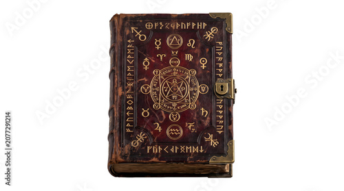 Quadro su tela Ancient magic spell book with golden astrological symbols
