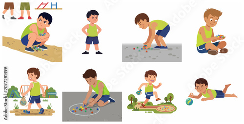 Fotografía Set of cartoon illustrations showing a young boy playing marbles with various em