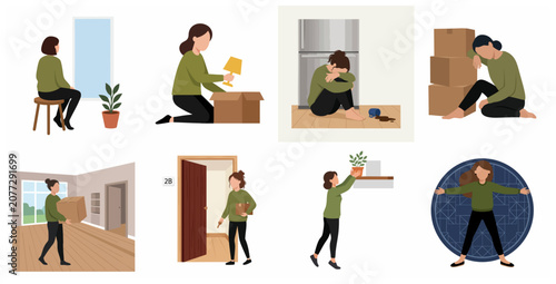 Bild auf Leinwand Set of illustrations depicting a woman's journey moving into a new home, showing