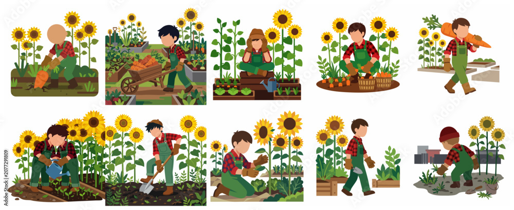 Fototapeta premium Set of cartoon illustrations featuring a boy gardening, harvesting vegetables, and planting in a field of sunflowers.