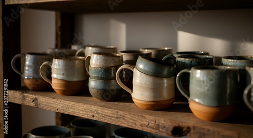 Handmade ceramic mugs stacked on wooden shelf warm light