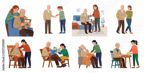Caring for the elderly concept illustration set with young woman assisting senior man in various daily activities at home