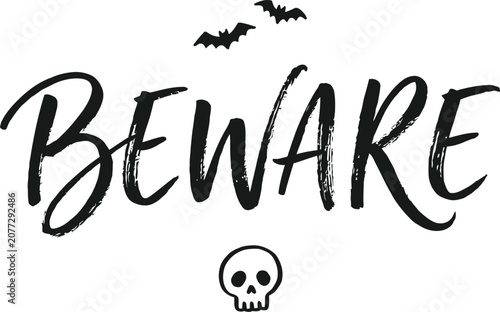 Foto Happy halloween typography banner with beware text and spooky skull and bats