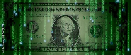 Electronic Currency Concept with One Dollar Bill made up of Animated Numbers and Symbols. Futuristic Banking Wallpaper.