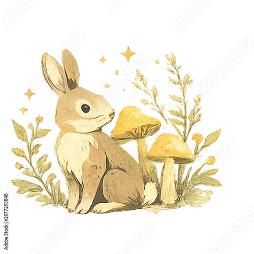 Whimsical rabbit sitting with mushrooms.