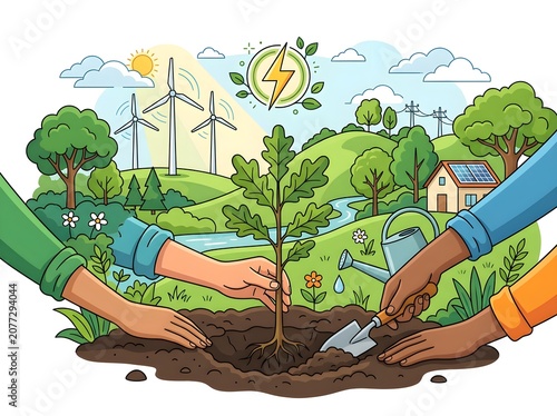 Hands Planting Small Green Tree Sapling.