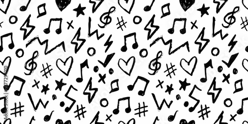 Tableau sur toile Musical notes and symbols seamless pattern black and white