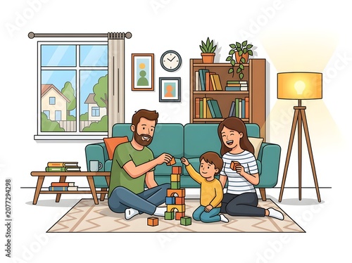 Family Playing Blocks Together Indoors.
