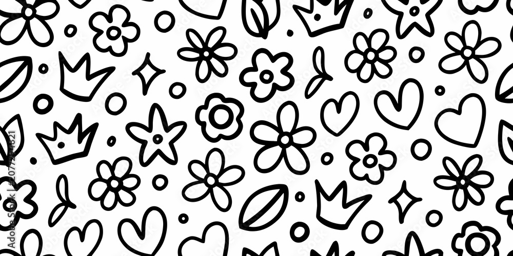 Fototapeta premium Floral and geometric pattern black and white line art vector illustration