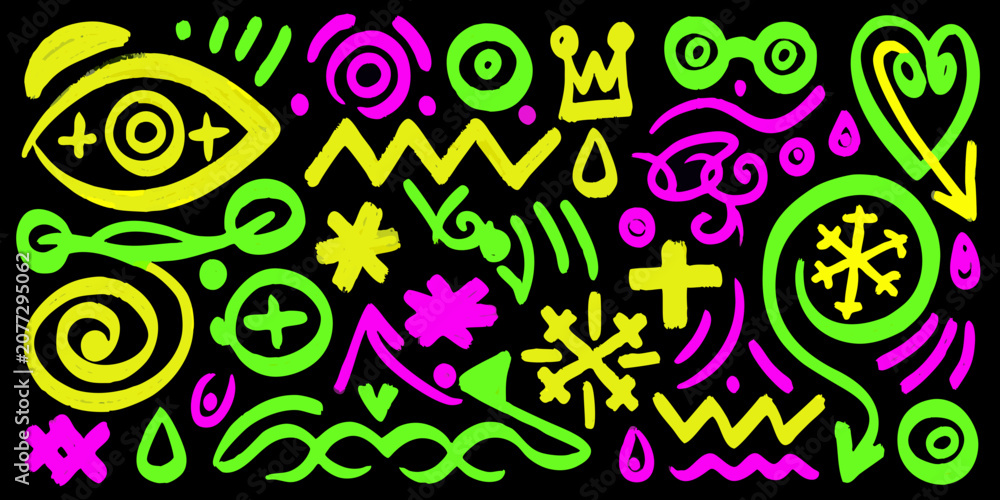 Fototapeta premium Neon doodle pattern on black background vibrant vector illustration