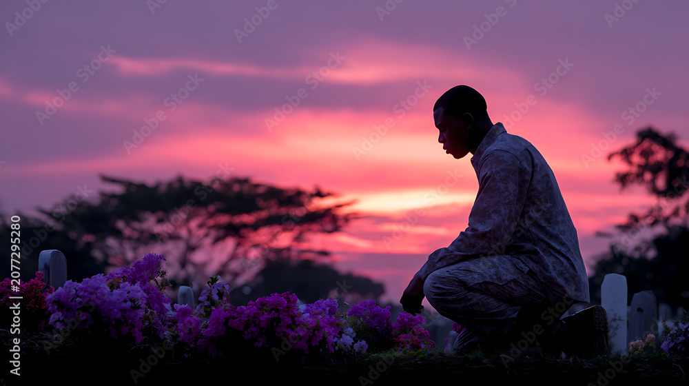 Obraz premium lonely man mourning at cemetery grave with flowers under purple sunset sky representing loss and grief