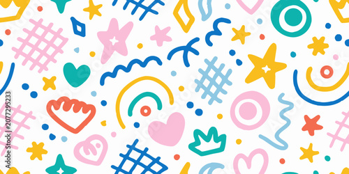 Slika na platnu Playful hand drawn doodle pattern with stars hearts and geometric shapes