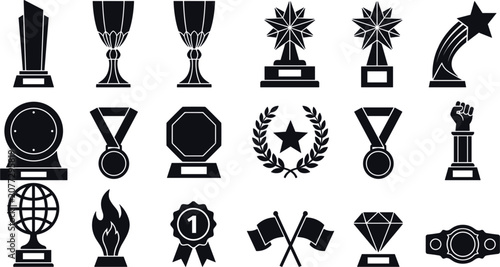 Trophy and Award Black Silhouette Icon Set with Championship Cups, Medals, Laurel Wreath, Stars, and Plaques for Sports and Corporate Business Success