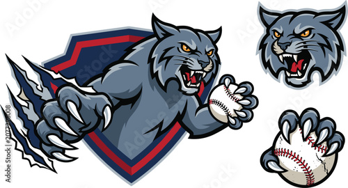 Fierce Wildcat Baseball Mascot Vector Illustration Set with Angry Lynx Pitcher, Sharp Claws, Leather Baseball, and Sports Team Crest Logo Icons