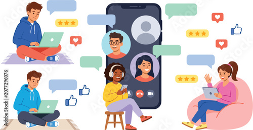 Social Media Network and Video Conference Vector Illustration with People Using Laptops, Smartphones, and Tablets for Virtual Communication, Online Chatting, and Reviews