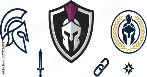 Spartan Warrior Helmet and Shield Icon Set with Ancient Greek Gladiator Badges, Laurel Wreath, Sword, and Star Vector Graphics for Mascot Logos