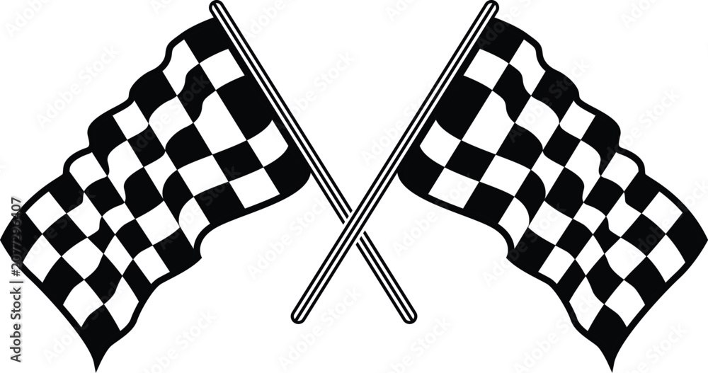 Obraz premium Monochrome crossed checkered flags vector illustration with realistic folds and wavy effect for automotive racing and finish line graphic concepts