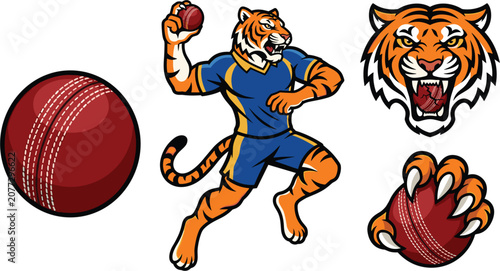Angry Tiger Cricket Mascot Vector Illustration Set with Fierce Wild Cat Bowler, Leather Cricket Ball, Claws, and Sports Team Logo Icons