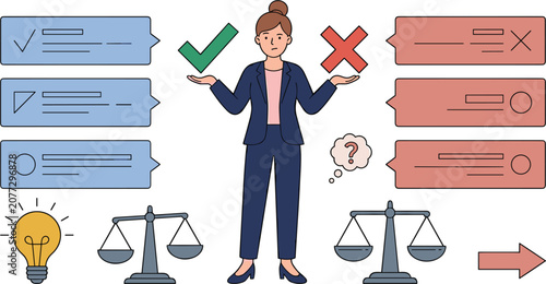 Businesswoman Making Decision Vector Illustration with True and False Checkmarks, Balance Scales, Idea Lightbulb, and Evaluation Lists for Corporate Strategy