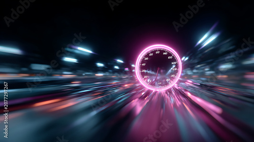 futuristic speed gauge dial with light trails representing fast velocity technology concept