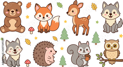 Cute Woodland Animals Vector Clipart Set Featuring Kawaii Bear Fox Deer Wolf Hedgehog Squirrel and Owl Elements for Children Design Projects