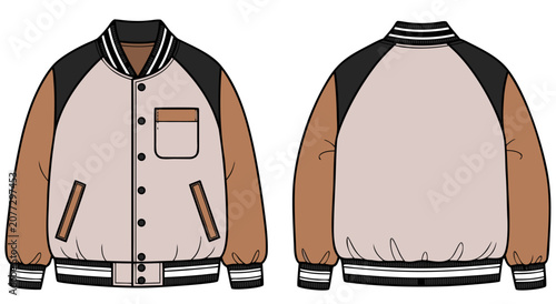 Front and back view of a varsity jacket fashion vector illustration for apparel design flat template