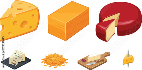 Cheese Type Variety Collection with Swiss Cheddar Gouda Blue Cheese and Grated Pieces Vector Illustration for Grocery Menus and Food Graphic Designs