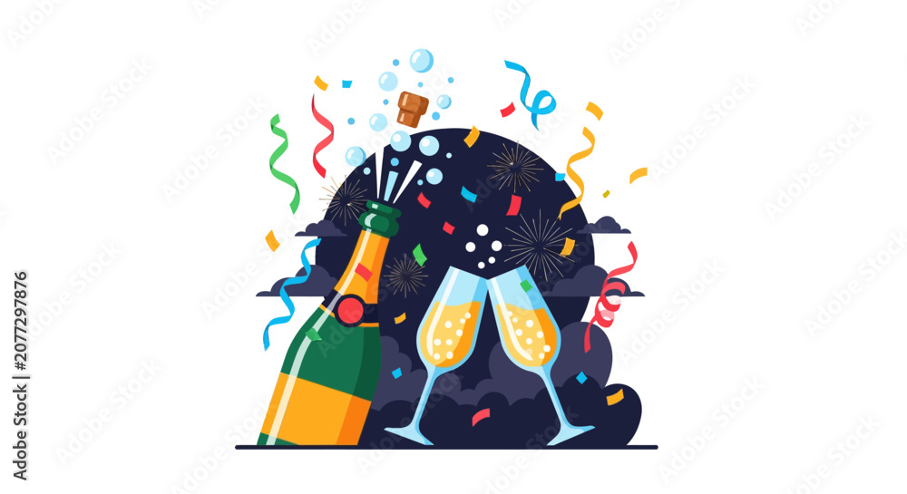 Fototapeta premium Champagne bottle and party glasses celebration.