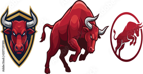 Angry Red Bull Mascot Logo Set with Charging Taurus Icons and Shield Crest Badge Vector Illustration for Esport Teams and Sports Branding