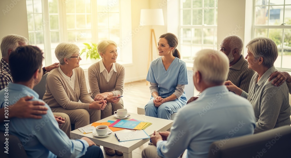Obraz premium Vibrant stock photo of supportive community mental health and group therapy for alzheimer s care