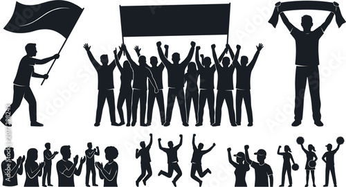  Sports Fans and Concert Crowd Silhouette Icon Set with People Waving Flags, Holding Banners, Clapping, and Jumping for Stadium Event Celebration Graphics