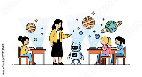 Teacher and robot showing planetary projections to students in class