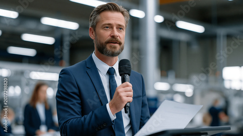 Manufacturing company publishes an annual CSR report at a press conference held inside their own factory, workers visible on the production line behind the stage as leadership announces community in
