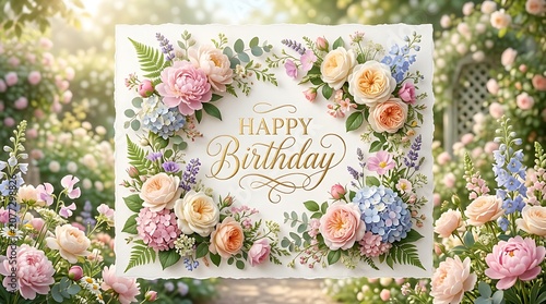 Happy birthday greeting card design with colorful spring flowers and greenery in a lush garden setting for a joyful and vibrant celebration of a special occasion