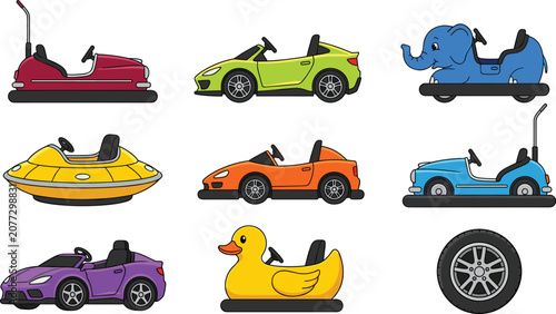 Canvastavla Amusement park bumper cars and go karts vector illustration set featuring classic fairground rides sports cars elephant duck shape vehicles and wheel