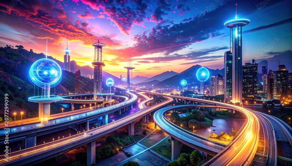 Fototapeta premium Futuristic Cityscape with Highway and Skyscrapers at Sunset.