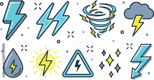 Photos Severe weather and natural disaster vector illustration set featuring lightning bolt tornado twister thunder cloud rain drop sun high voltage warning sign