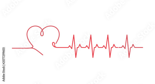 Continuous red line forming heart and EKG pulse