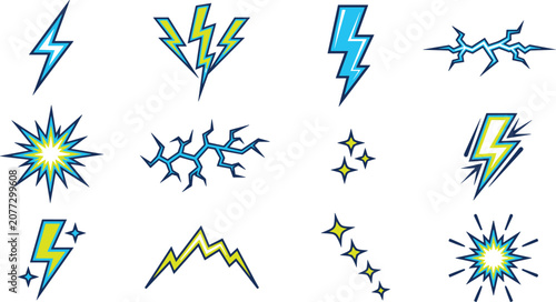 Valokuva Lightning bolt vector icon set featuring electric spark thunder flash shock crack energy burst and star sparkle elements isolated on white background