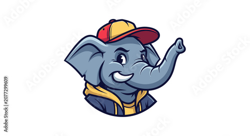 Cool cartoon elephant mascot wearing baseball cap and hoodie